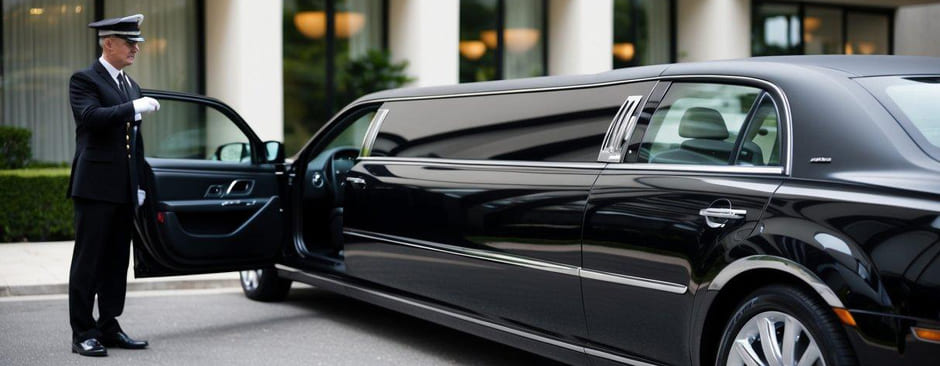 A sleek, black limousine parked outside a luxurious hotel, with a uniformed chauffeur holding open the door for a group of elegantly dressed passengers