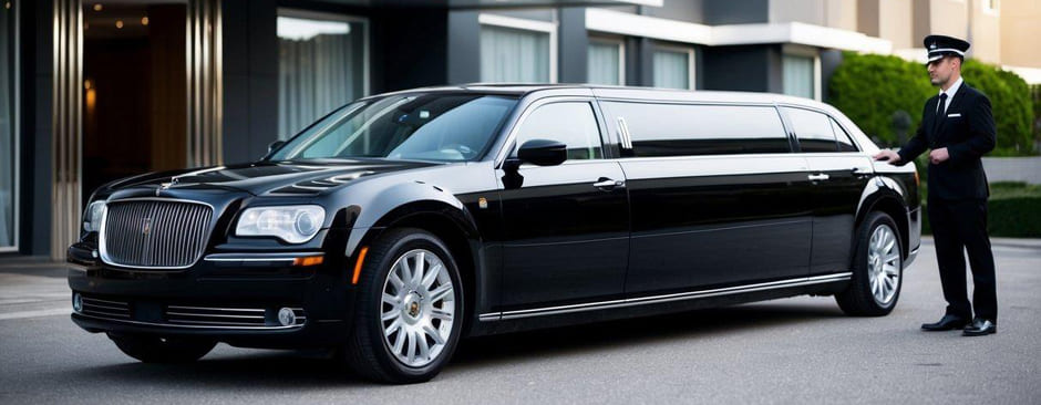 A sleek, black limousine parked in front of a luxurious hotel, with a uniformed chauffeur standing by the open door, ready to assist