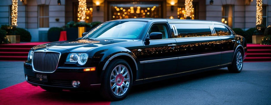 A sleek, black limousine parked in front of a grand hotel, surrounded by a red carpet and twinkling lights