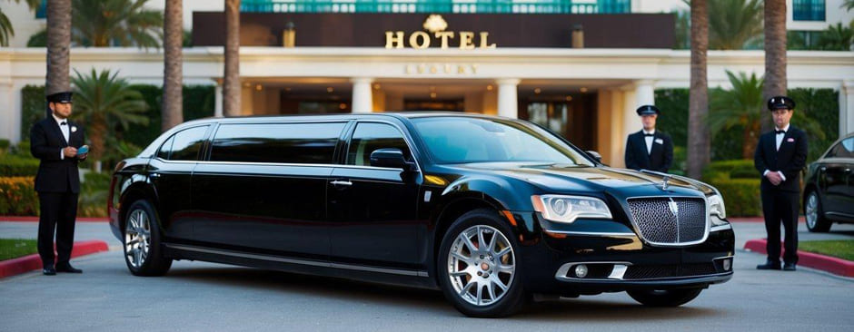 A sleek black limousine parked in front of a luxury hotel, surrounded by palm trees and valet attendants