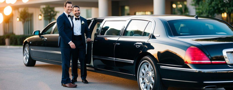 A limousine parked outside a luxurious hotel, with a chauffeur holding the door open for a couple. The couple is smiling and the hotel is in the background